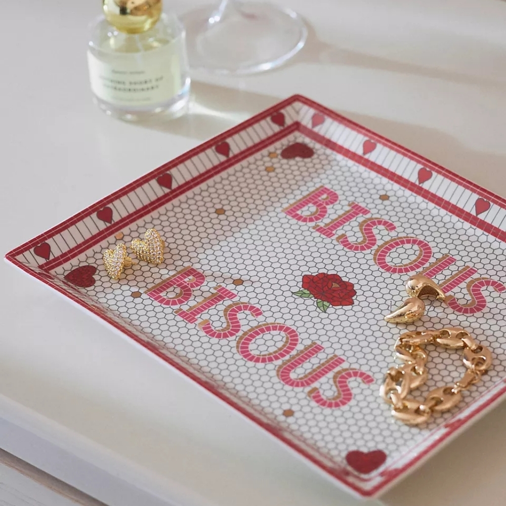 Anthropologie Bistro Tile Stoneware 24k Gold Accent Vanity Tray